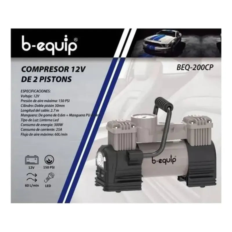 Compresor Aire B-equip 12v 2 Pistones 150psi Con Linterna Negro