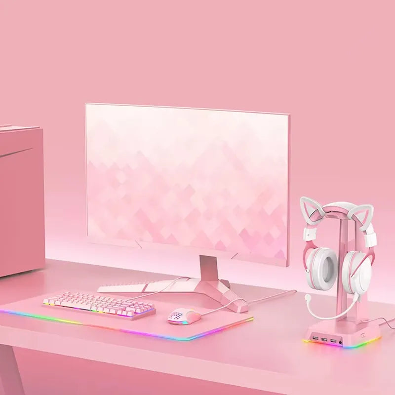Soporte Para Audifonos Onikuma St2 Rosa Con Multipuerto Usb
