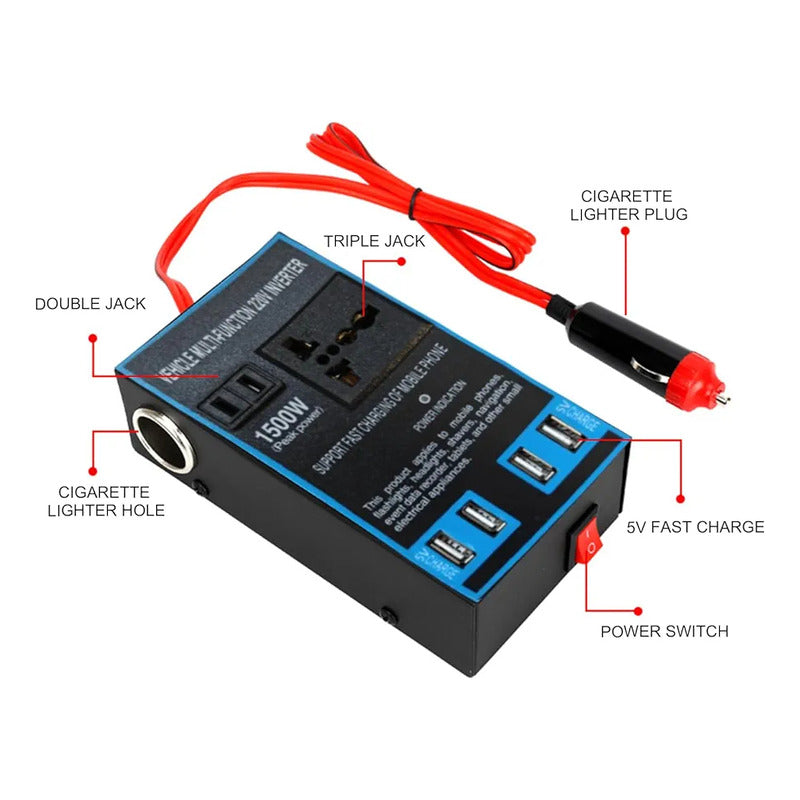 Adaptador Enchufe Inversor 12v A 220v 1500w 4usb 2cenicero
