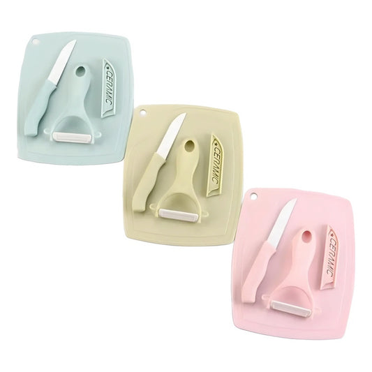 Set Cuchillo + Pelador De Cerámica De Frutas Verdura + Tabla