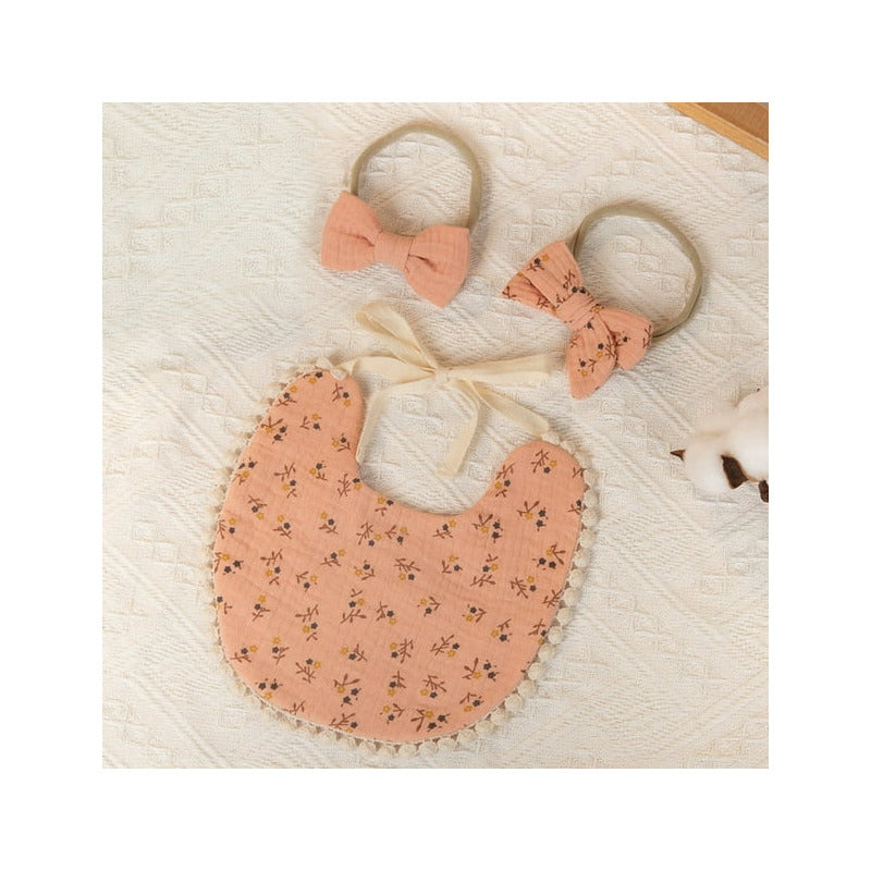 Set Babero + 2 Cintillo Diadema Color Nude Reversible Encaje