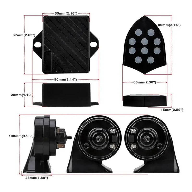 X2 Kit Bocina Caracol Control 10 Tonos 12v Auto Sonido Fuert