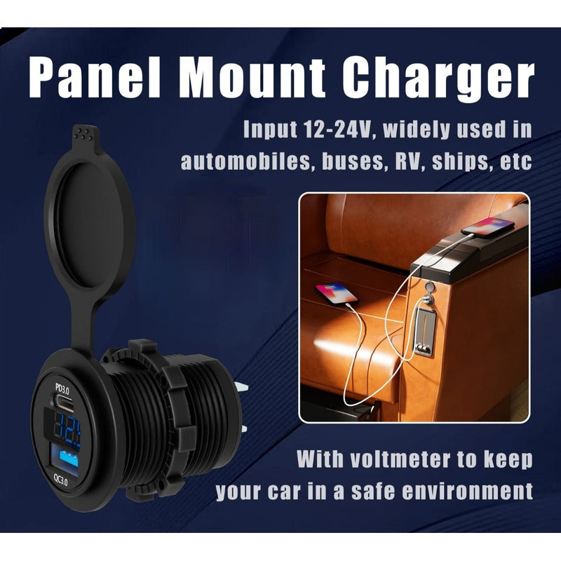 Cargador Auto R&c Chile Doble Usb-c 18w 30w Rápido Con Voltímetro 12-24v Negro