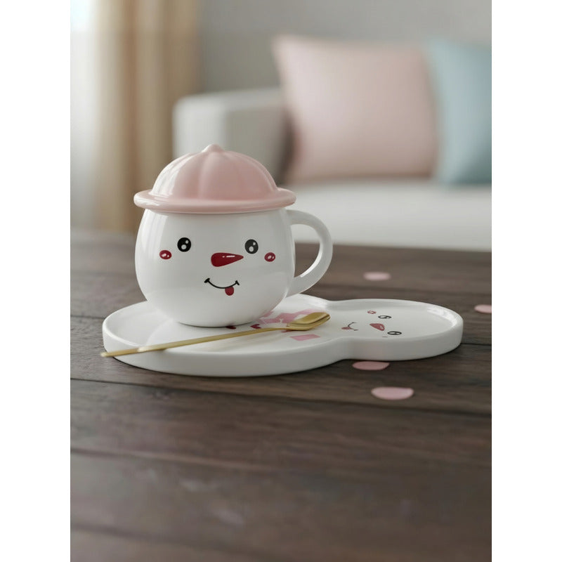 Set Taza Muñeco D Nieve + Plato Tapa Cuchara Navidad Snowman