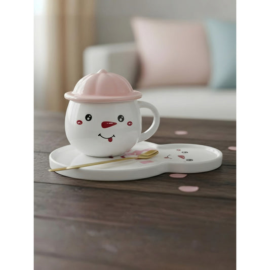 Set Taza Muñeco D Nieve + Plato Tapa Cuchara Navidad Snowman