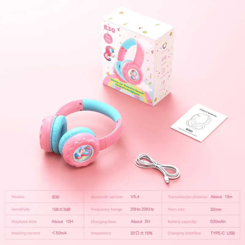 Audifono Bluetooth Onikuma B30 Niñ@s Bajo Nivel Ruido Cn Luz Rosa Unicorio B30
