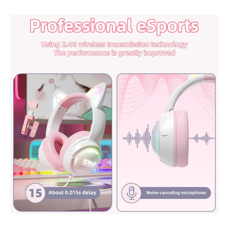 Audifono Gamer Onikuma Cat Gt838 3modos Bluetooth Usb C Gato Blanco Rosa Gt838
