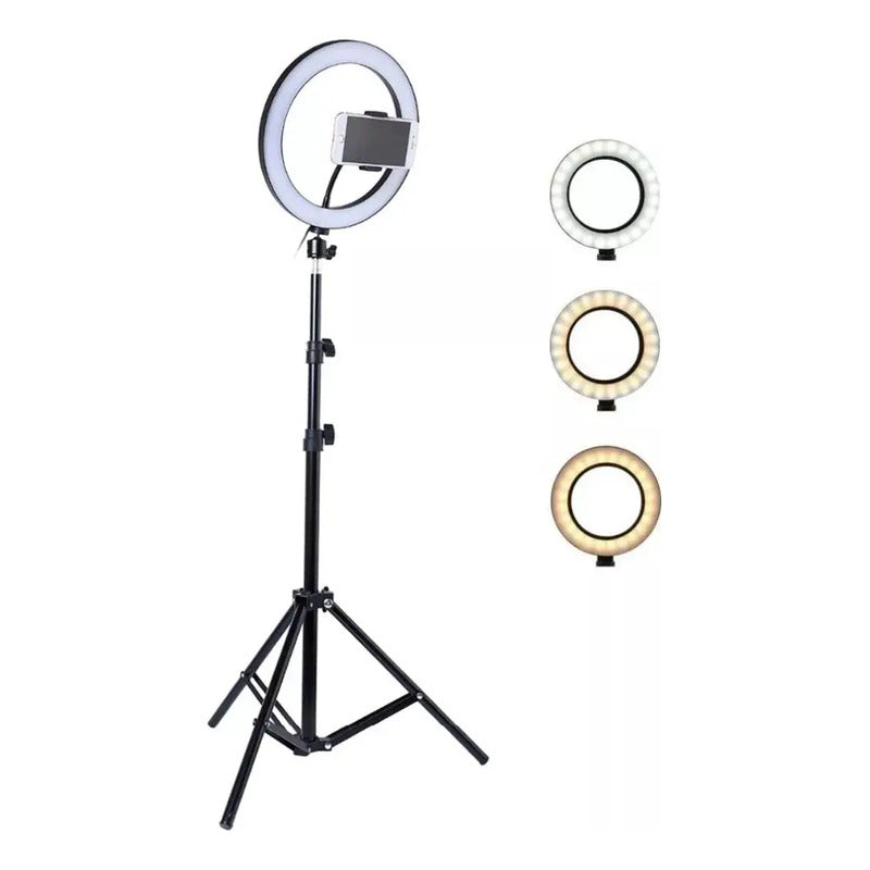 Aro De Luz Led Redondo De 26 Cm Con Trípode Y Colores De Luz Fría Y Cálida Negro Blanco Frio / Blanco Calido