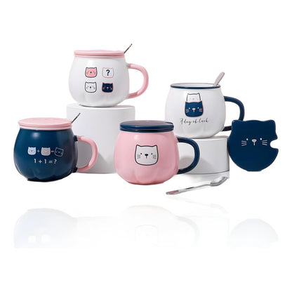 X4 Taza Calabaza Diseño Gato Kawaii Con Tapa Y Cuchara Mk134 Rosa, Azul Marino Y Blanco Calabaza