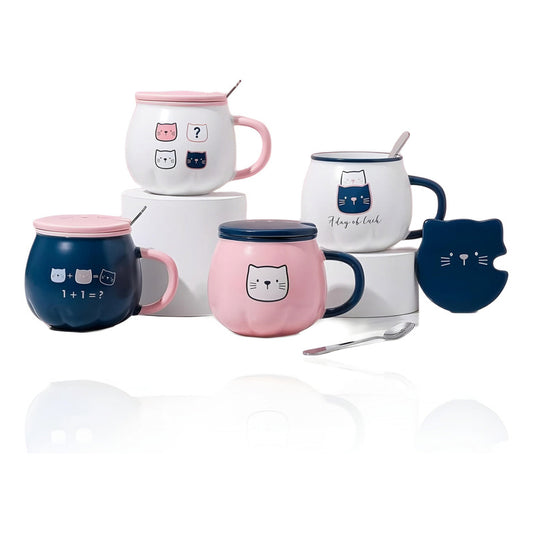 X4 Taza Calabaza Diseño Gato Kawaii Con Tapa Y Cuchara Mk134 Rosa, Azul Marino Y Blanco Calabaza