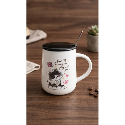 Tazón Cerámica Gatito Lindo Con Tapa Y Cuchara Kawaii Cute Blanco Mk-212 D