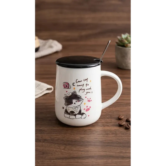 Tazón Cerámica Gatito Lindo Con Tapa Y Cuchara Kawaii Cute Blanco Mk-212 D