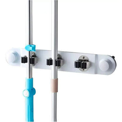 Organizador De Pared 3 Escoba Mopa Trapero Ventosa Fuerte Blanco