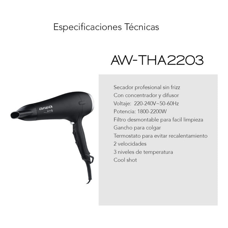Secador De Pelo Aiwa Profesional Sin Frizz Con Difusor 2200w