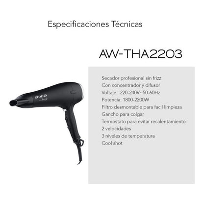 Secador De Pelo Aiwa Profesional Sin Frizz Con Difusor 2200w