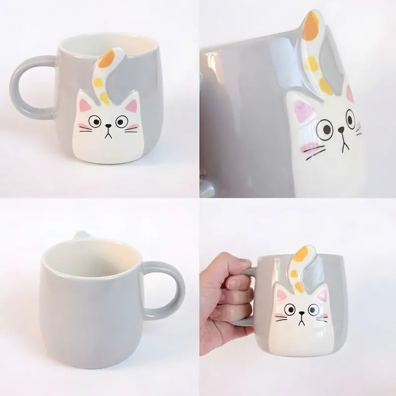 Tazón De Cerámica Gato Kawaii Con Cola 400ml Taza Cat Lovers Gris Cola Amarilla Mk-223 D