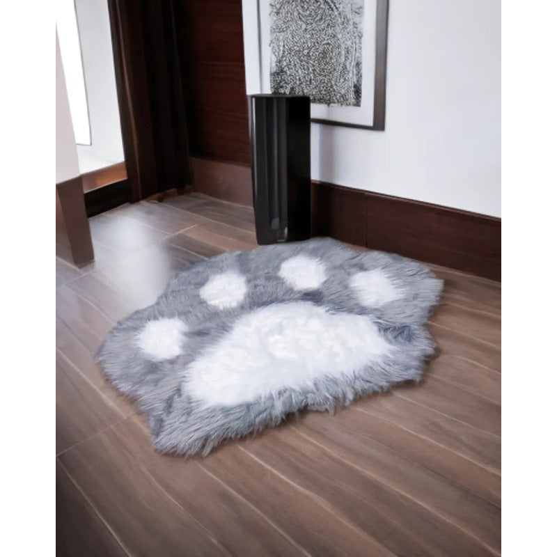Alfombra Peluda Huella De Gato Kawaii Suave Piel Sintética 86 Cm 80 Cm Gris