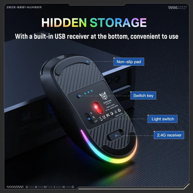 Mouse Gamer Onikuma Cw935 Inalambrico Y Cable 12800dpi +luz Negro Cw935