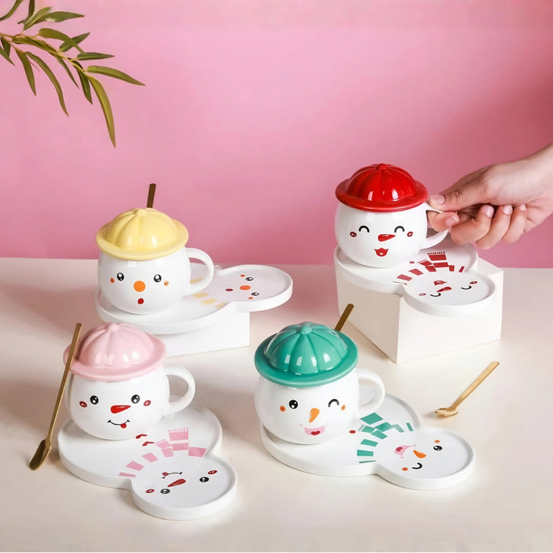 Set Taza Muñeco D Nieve + Plato Tapa Cuchara Navidad Snowman