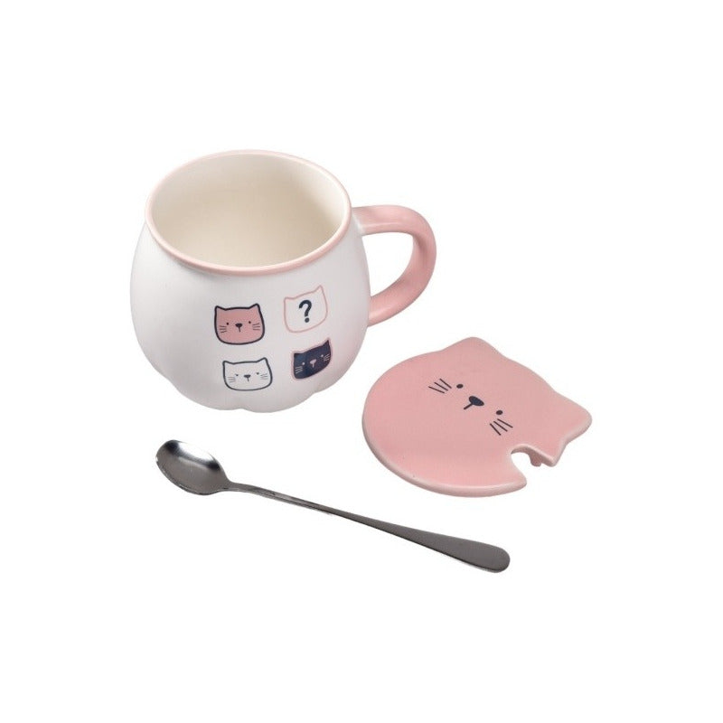 X4 Taza Calabaza Diseño Gato Kawaii Con Tapa Y Cuchara Mk134 Rosa, Azul Marino Y Blanco Calabaza
