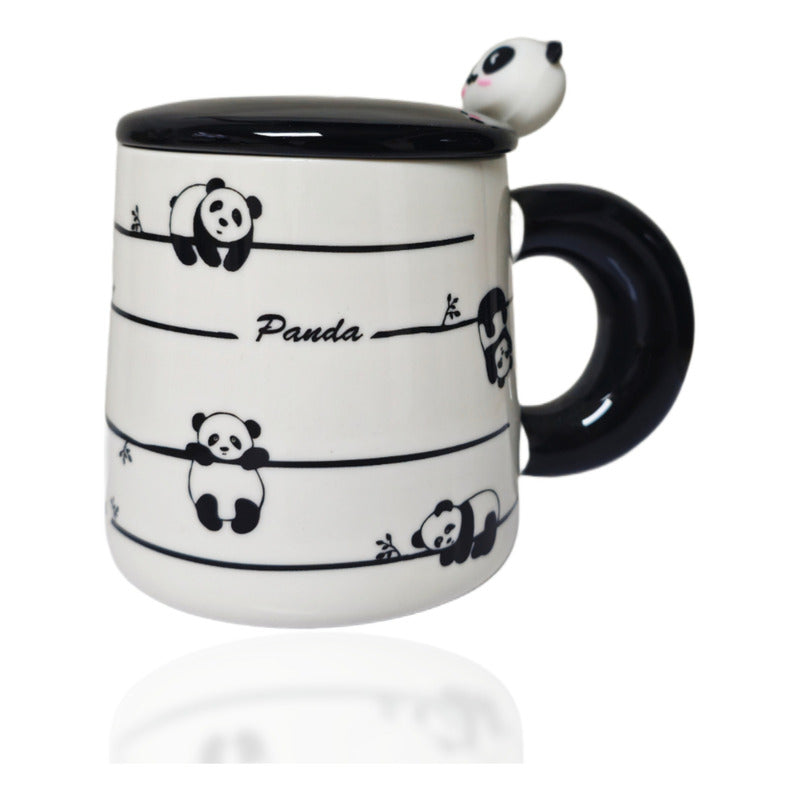 Tazón Oso Panda Taza Kawaii Con Tapa Y Cuchara 400ml / Ryc