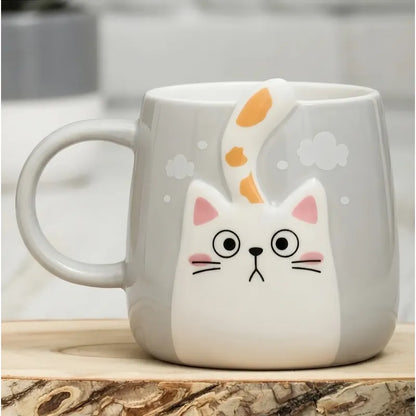 Tazón De Cerámica Gato Kawaii Con Cola 400ml Taza Cat Lovers Gris Cola Amarilla Mk-223 D