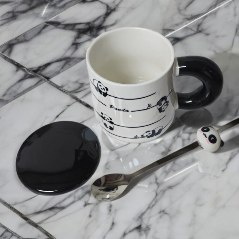 Tazón Oso Panda Taza Kawaii Con Tapa Y Cuchara 400ml / Ryc