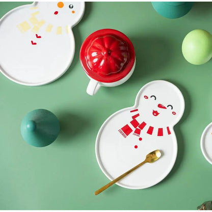 Set Taza Muñeco D Nieve + Plato Tapa Cuchara Navidad Snowman