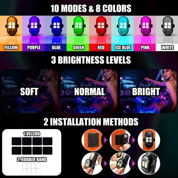 Kit 4 Luces Led Rgb Para Auto Recargables Con Control Tuning