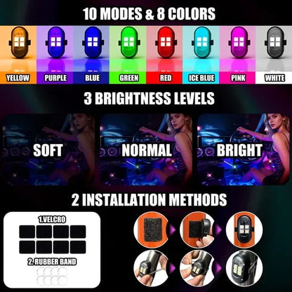 Kit 4 Luces Led Rgb Para Auto Recargables Con Control Tuning