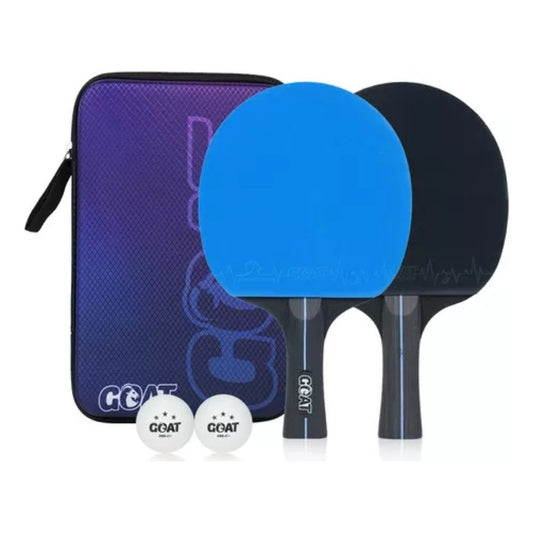 Pack X2 Paletas De Ping Pong + 2 Pelotas + Estuche Goat Color Azul-negro Tipo De Mango Fl (cóncavo)