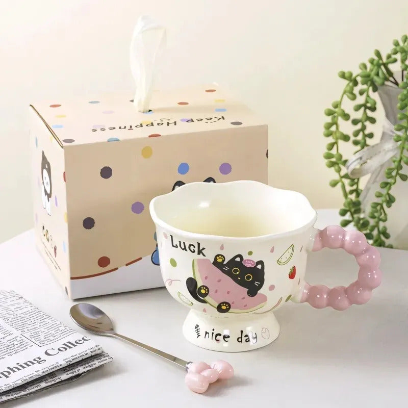 Tazón Cerámica Kawaii Mango Perlas Gato Cuchara Caja Regalo Crema Mk-01 Mod1 Nice Day