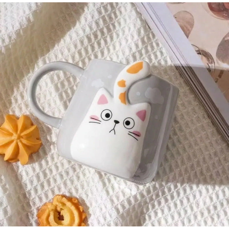 Tazón De Cerámica Gato Kawaii Con Cola 400ml Taza Cat Lovers Gris Cola Amarilla Mk-223 D