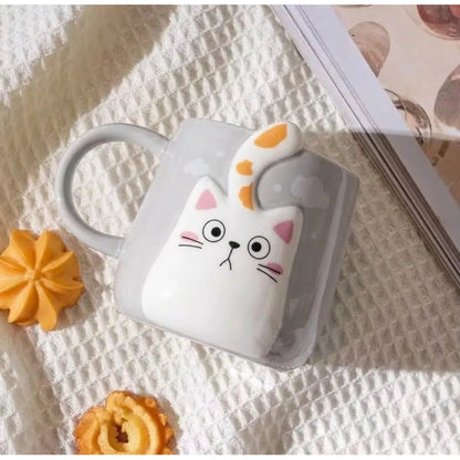 Tazón De Cerámica Gato Kawaii Con Cola 400ml Taza Cat Lovers Gris Cola Amarilla Mk-223 D