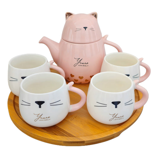 Set Tetera De Gatito De Porcelana + 4 Tazas + Bandeja Bambu