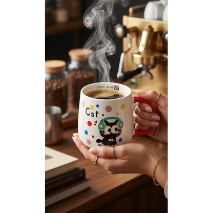 Tazón De Cerámica Gato Kawaii Con Rojo Taza Café Té Cat Cute Blanco Rojo Mk-120 B Audifono