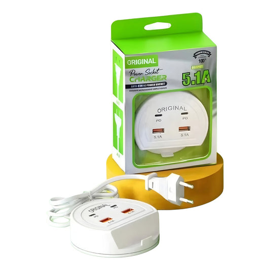 Hub Usb Alargador Enchufe 220v 4 Puertos 2 Usb 2 Tipo C 5.1a Blanco Xy0446