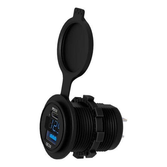 Cargador Auto R&c Chile Doble Usb-c 18w 30w Rápido Con Voltímetro 12-24v Negro