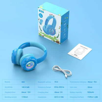 Audifono Bluetooth Onikuma B30 Niñ@s Bajo Nivel Ruido Cn Luz Azul Dino B30