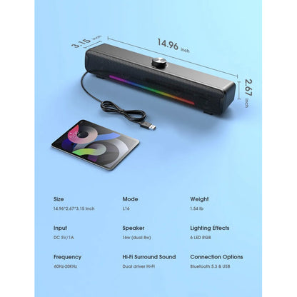 Parlante Bluetooth Onikuma L16 Barra De Sonido Con Luzb Rgb Negro L16