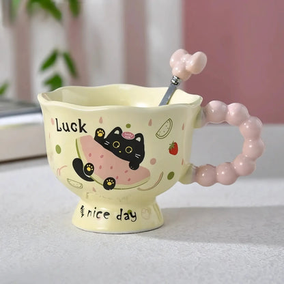 Tazón Cerámica Kawaii Mango Perlas Gato Cuchara Caja Regalo Crema Mk-01 Mod1 Nice Day