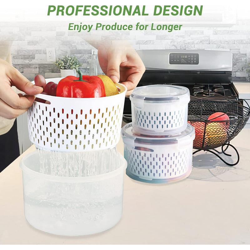 X3 Tupper Hermético Contenedor Alimentos Frescos Con Colador Color Azul Circular