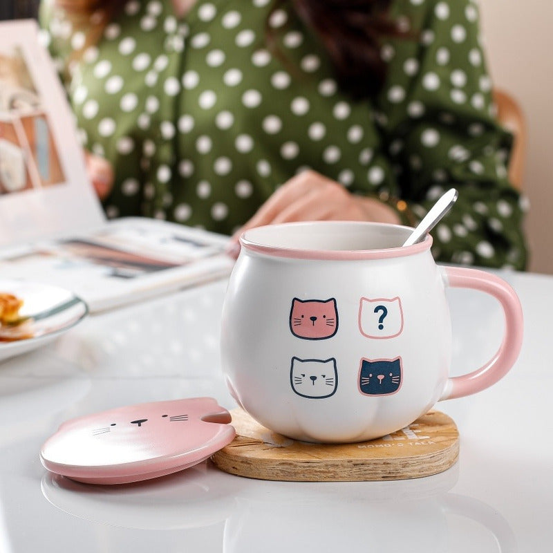 X4 Taza Calabaza Diseño Gato Kawaii Con Tapa Y Cuchara Mk134 Rosa, Azul Marino Y Blanco Calabaza