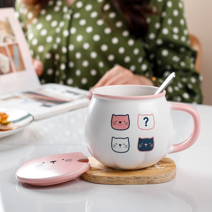 X4 Taza Calabaza Diseño Gato Kawaii Con Tapa Y Cuchara Mk134 Rosa, Azul Marino Y Blanco Calabaza