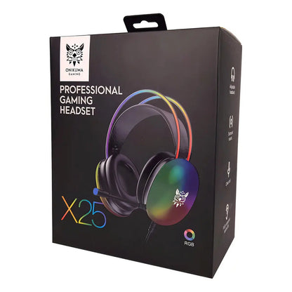 Audifonos Gamer Onikuma X25 Micrófono Cable Adaptador Y Rgb Negro