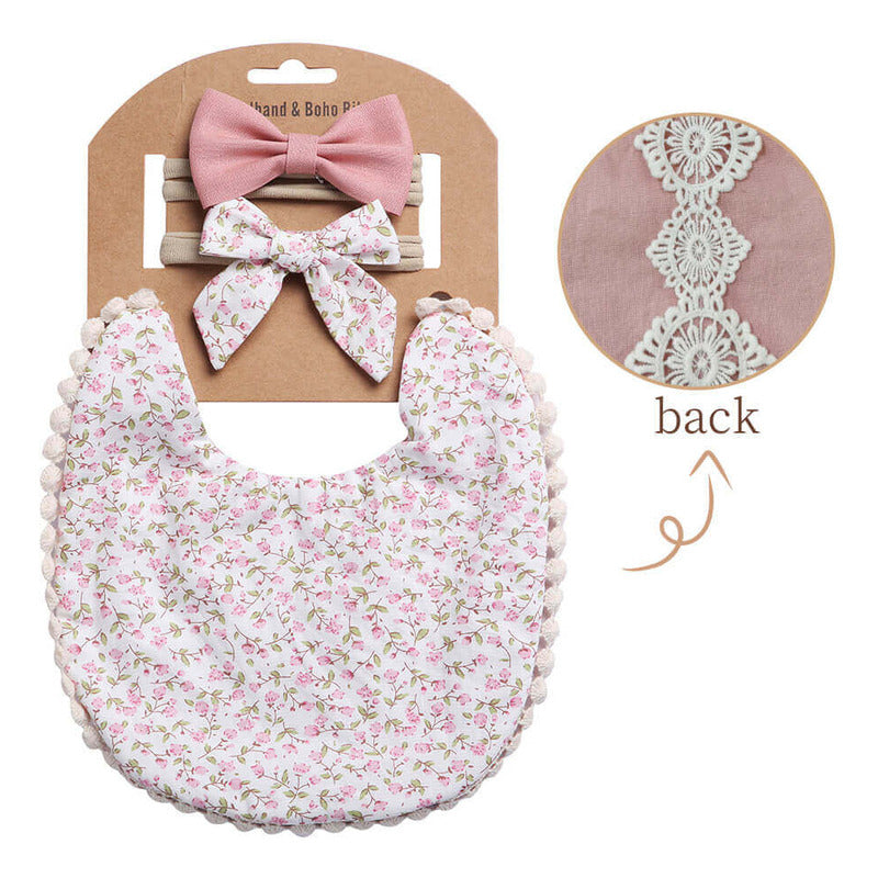 Set Babero + 2 Cintillo Diadema Color Nude Reversible Encaje