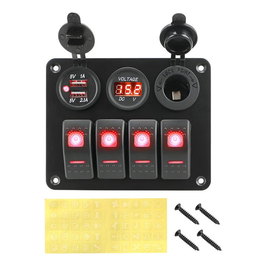 Panel Botonera 4 Interruptores Switch 2usb Voltimetro 12-24v