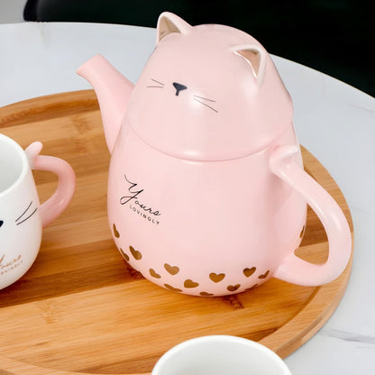 Set Tetera De Gatito De Porcelana + 4 Tazas + Bandeja Bambu