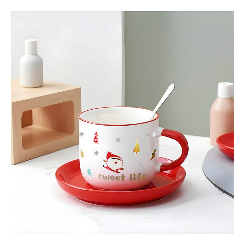 Taza De Navidad Con Plato Y Cuchara Taza Té Cafe Santa Claus