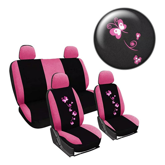 Funda Cubre Asiento Negro Flores Bordada 8pcs Auto Universal